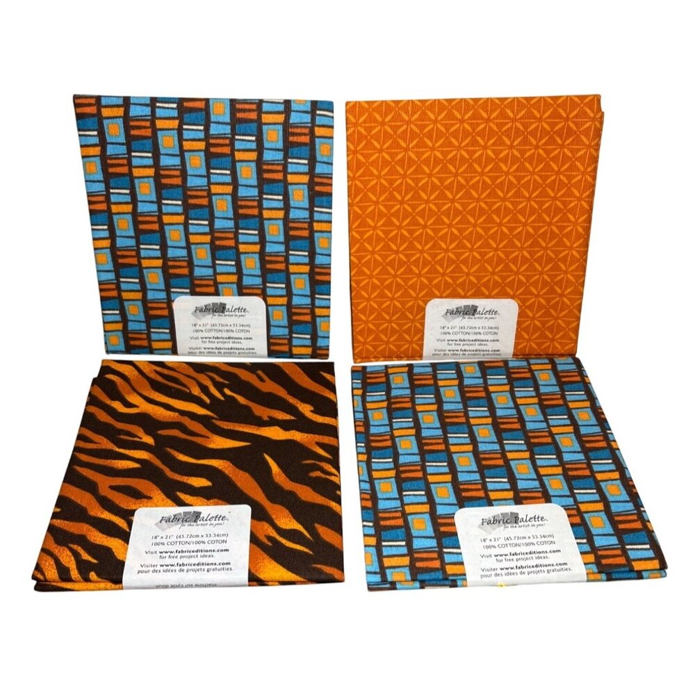 Fat Quarters Tiger Orange Blue Brown Cotton Fabric Palette Quilt Sewing Set of 4